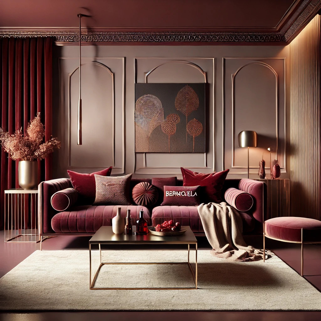 "Espaço decorado com tons vinho e berinjela, tendências elegantes de 2025." 