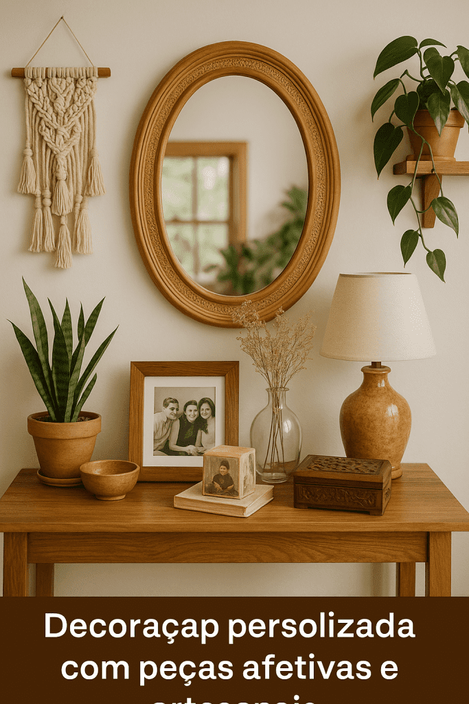 Detalhes de decoração personalizada com peças afetivas no aparador