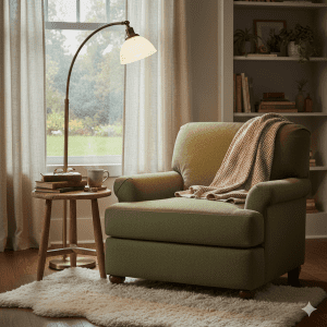 Poltrona de leitura verde musgo com manta, luminária de piso arco e mesa lateral de madeira