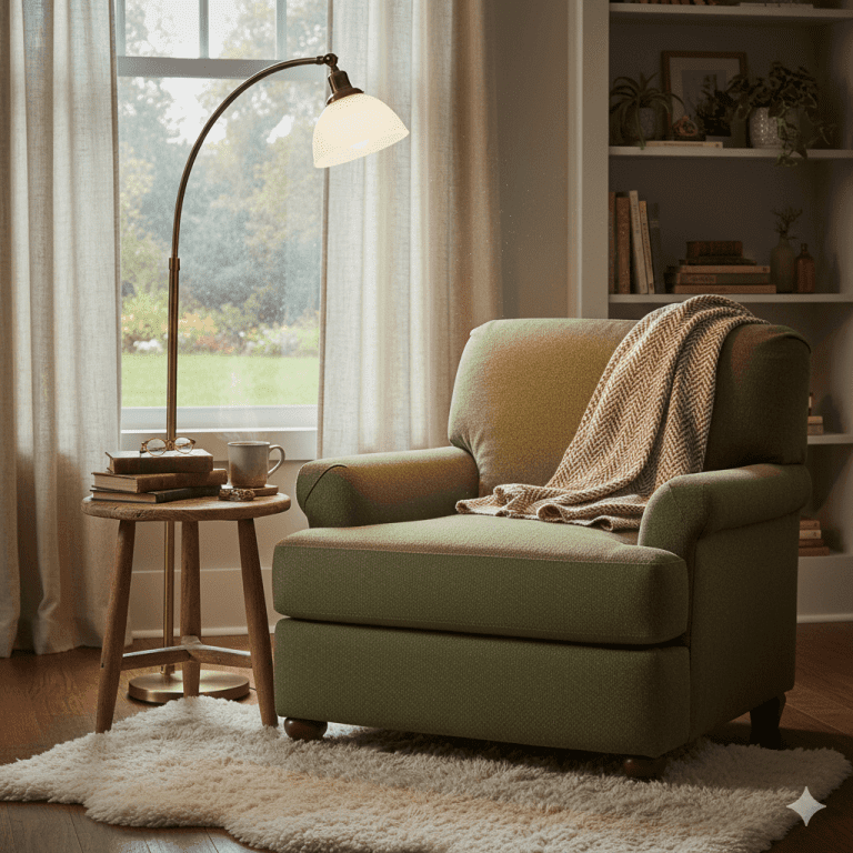 Poltrona de leitura verde musgo com manta, luminária de piso arco e mesa lateral de madeira