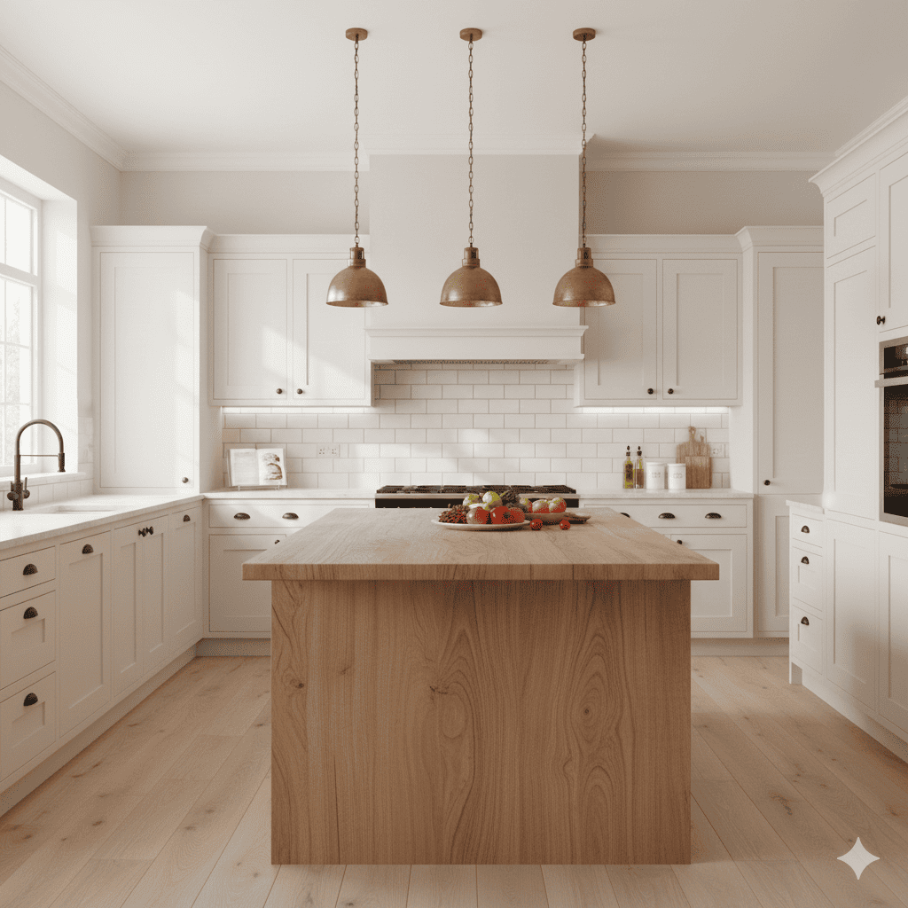 Cozinha moderna em tom Cloud Dancer com ilha de madeira e luz natural.