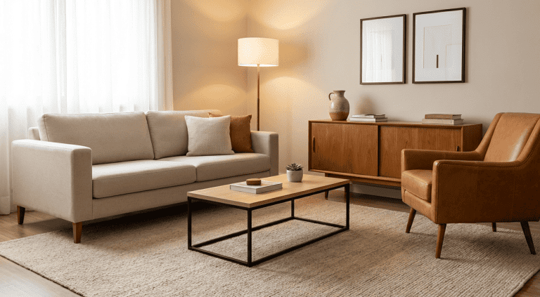 Sala com decoração vintage e contemporânea: sofá moderno neutro e poltrona vintage em destaque