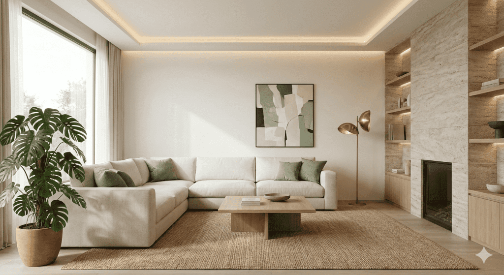 Sala de estar minimalista de luxo com paredes off-white Cloud Dancer, sofá de linho grande, mesa de centro em carvalho claro e decoração com planta Monstera e almofadas verde sálvia.