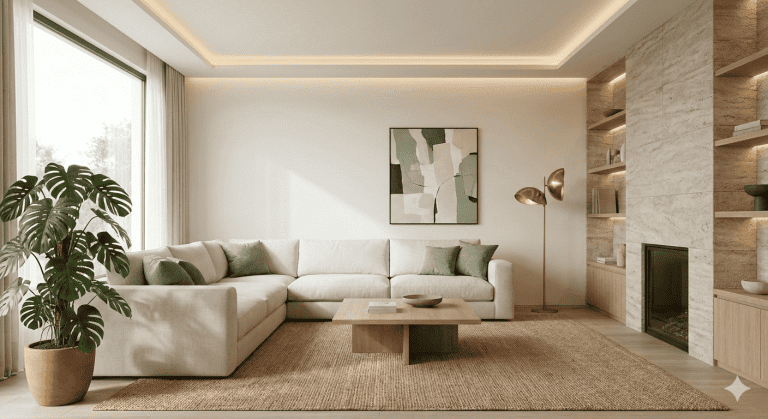 Sala de estar minimalista de luxo com paredes off-white Cloud Dancer, sofá de linho grande, mesa de centro em carvalho claro e decoração com planta Monstera e almofadas verde sálvia.