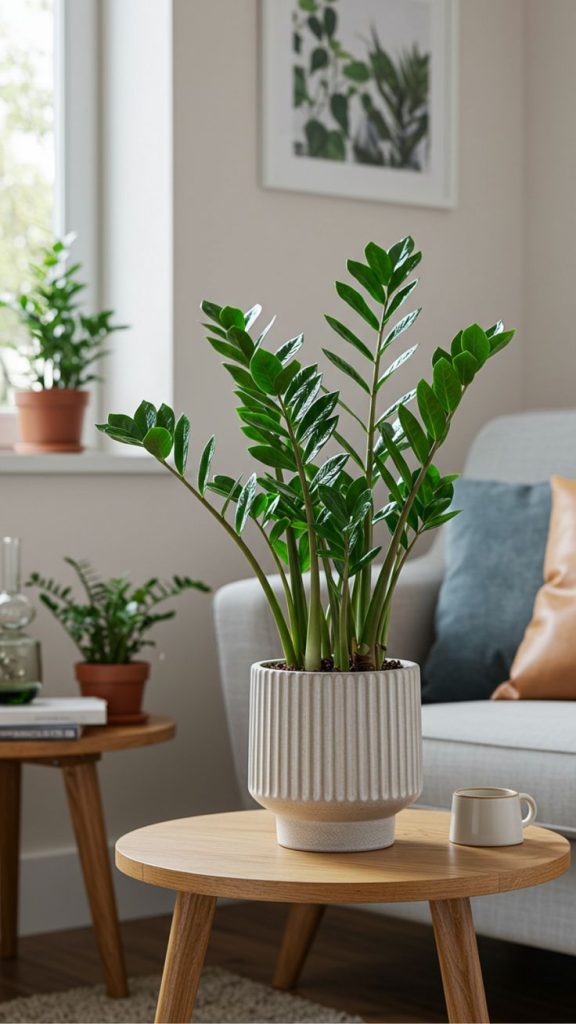 zamioculca em sala de estar decorada com biofilia em apartamento pequeno