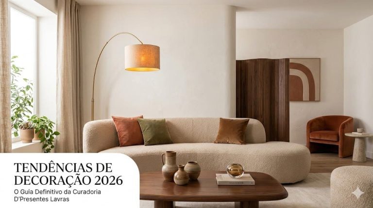 Sala de estar decorada no estilo Minimalismo Quente com sofá curvo em tecido bouclé bege, poltrona terracota, mesa de centro em madeira nogueira e luminária de arco dourada. Ambiente com curadoria D’Presentes Lavras.