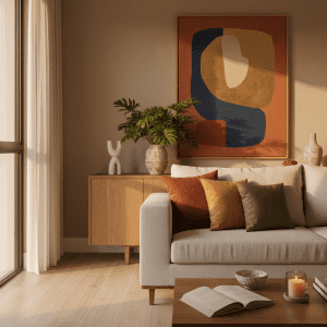 Sala de estar com decoração com alma e personalidade - quadro autoral abstrato em tons de terracota e azul, sofá em linho natural com almofadas terrosas, aparador de madeira com escultura e vaso artesanal, livro aberto e vela acesa na mesa de centro - tendência decoração 2026 D'Presentes Lavras MG