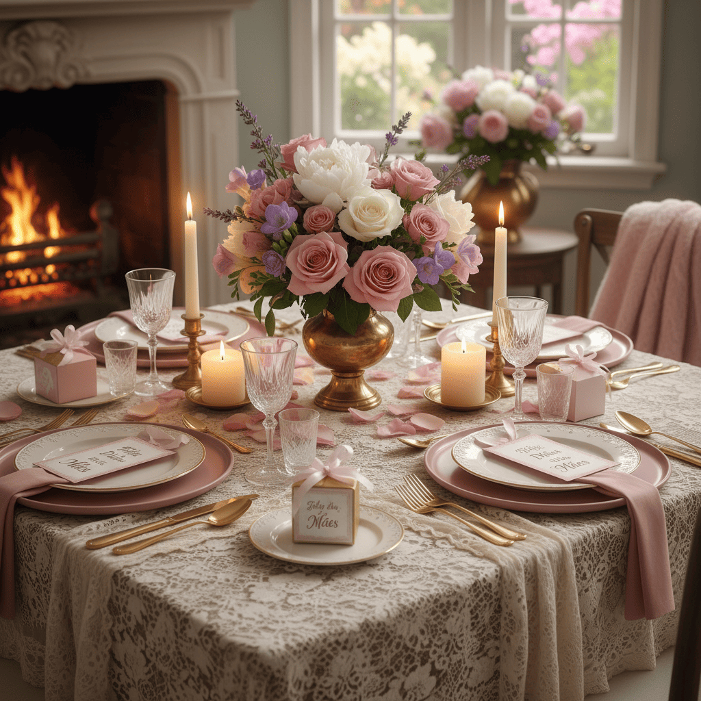 mesa posta com lindo vaso de flores no centro e paleta de cores rosa