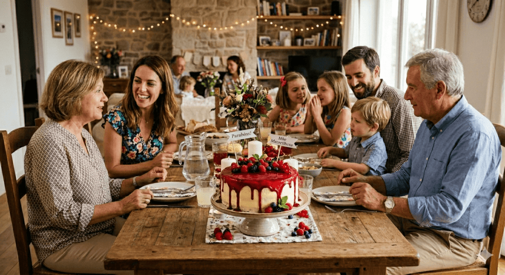 familia sentados a mesa em comunhao, bolo de limao com frutas vermelhas
