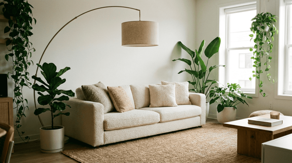 sala com personalidade usando plantas, texturas e iluminação